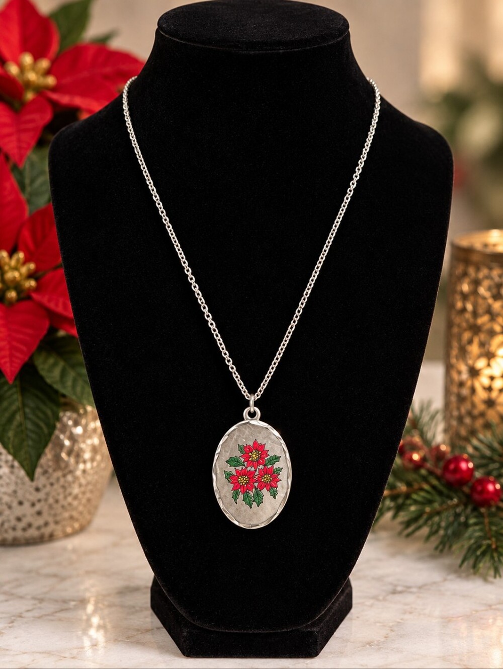 Genuine American Pewter Poinsettia Pendant Necklace